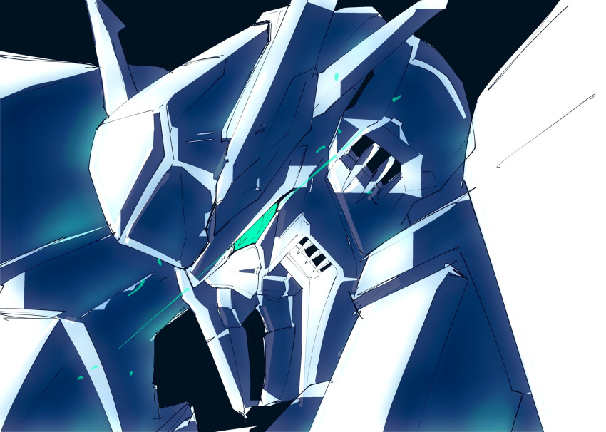 black_background from_side green_eyes gundam gundam_hathaway's_flash highres kuroiwa_cookie looking_down mecha mobile_suit monochrome no_humans science_fiction solo spot_color upper_body v-fin xi_gundam