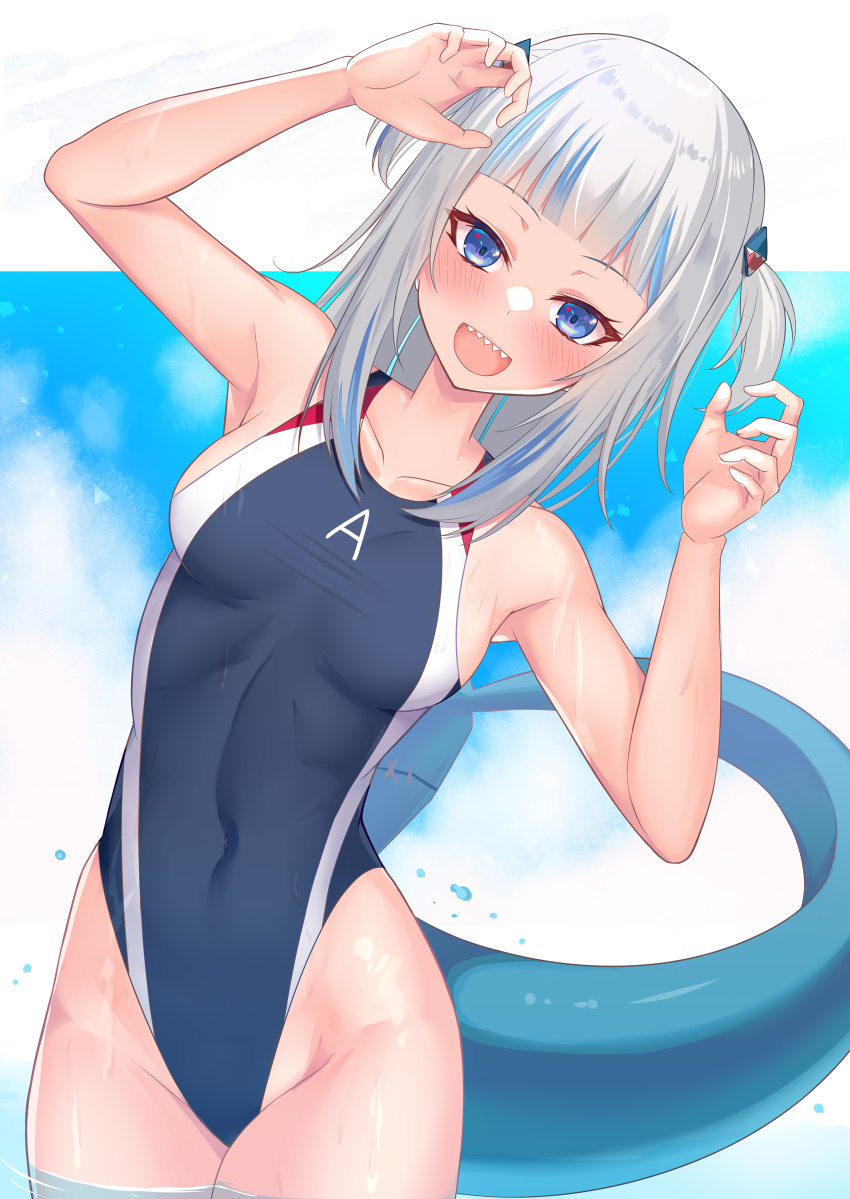 1girl bangs blue_eyes blunt_bangs clothes_writing collarbone commentary_request competition_swimsuit fish_tail gawr_gura hair_ornament highleg highleg_swimsuit highres hololive hololive_english leaning_to_the_side long_hair looking_at_viewer multicolored_hair one-piece_swimsuit shark_girl shark_hair_ornament shark_tail sharp_teeth silver_hair solo streaked_hair swimsuit tail teeth two_side_up virtual_youtuber yoshiheihe