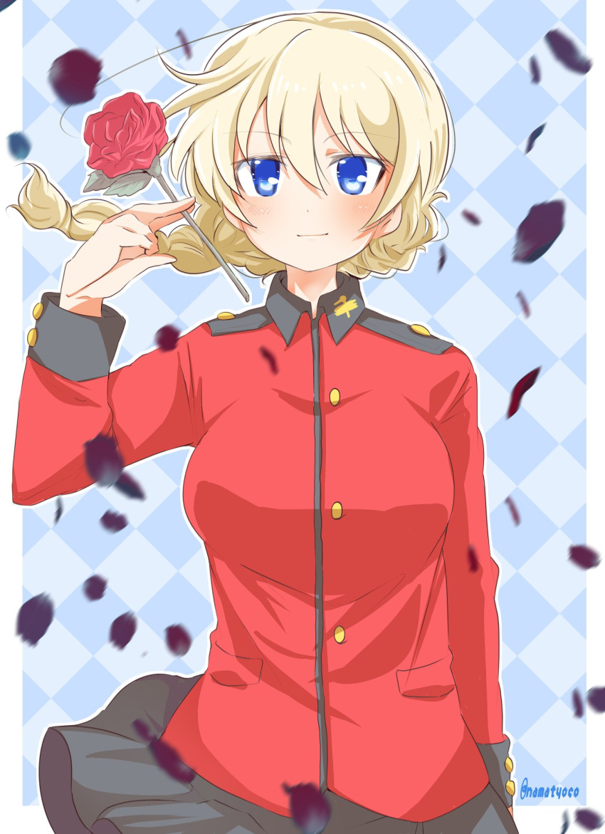 1girl alternate_hairstyle argyle argyle_background bangs black_skirt blonde_hair blue_background blue_eyes blush braid breasts darjeeling_(girls_und_panzer) epaulettes eyebrows_visible_through_hair flower girls_und_panzer hair_between_eyes hair_blowing highres holding holding_flower jacket light_smile long_sleeves looking_at_viewer military_jacket namatyoco petals pleated_skirt red_flower red_jacket red_rose rose skirt st._gloriana's_military_uniform swept_bangs twitter_username