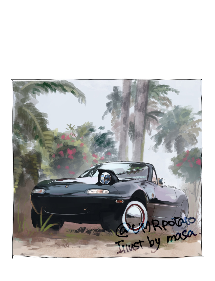 absurdres artist_name car dirt eunos_roadster ground_vehicle headlight highres masa_(siriusu-koko) mazda motor_vehicle no_humans original palm_tree solo tree vehicle_focus wheel