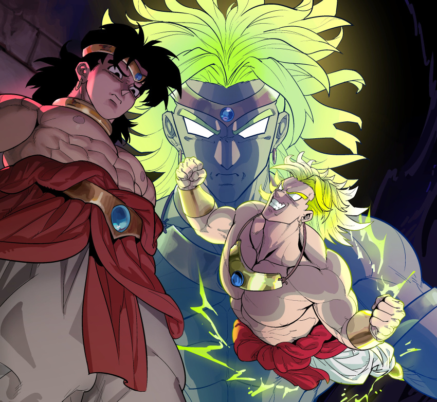 3boys abs absurdres aura baggy_pants black_eyes black_hair blank_eyes blonde_hair bracer broly_(dragon_ball_z) circlet clenched_hands clenched_teeth commentary dragon_ball dragon_ball_z earrings english_commentary gem glowing highres jewelry large_pectorals legendary_super_saiyan male_focus multiple_boys multiple_persona muscular muscular_male necklace pants pectorals projected_inset shirtless super_saiyan teeth tomboyhusband white_pants
