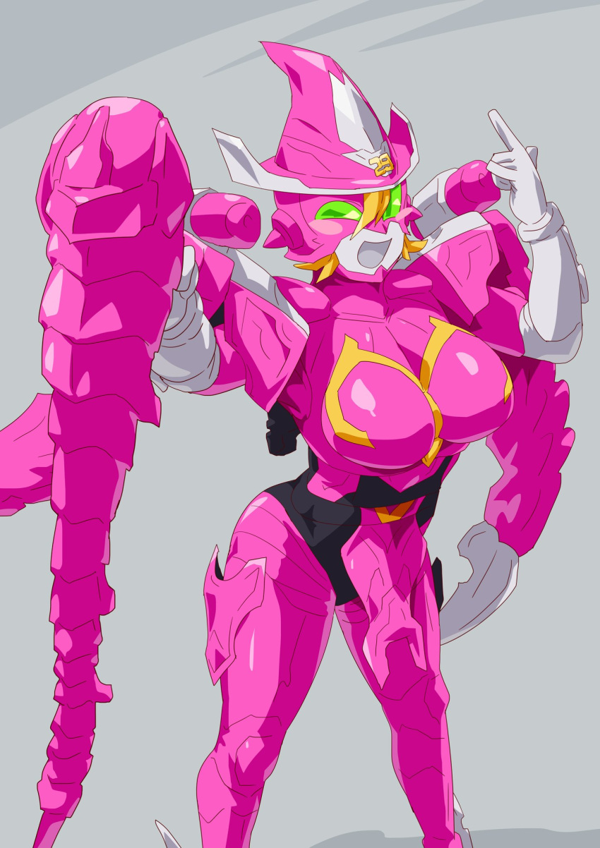 1girl blonde_hair blush_stickers breasts colored_skin dragon_girl green_eyes hat highres kikai_sentai_zenkaiger mecha mechanical_wings multiple_girls one_eye_closed otokamu pink_skin staff super_sentai tokusatsu wings witch witch_hat zenkai_magine