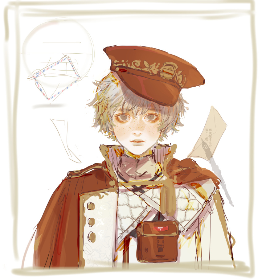1boy cape closed_mouth freckles grey_eyes grey_hair hat highres letter looking_at_viewer male_focus original peaked_cap pouch red_cape red_cat sankomichi short_hair solo tassel upper_body