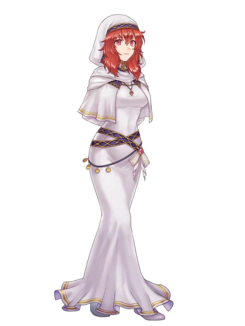 1girl absurdres arms_behind_back belly_chain breasts commission covered_navel dress fire_emblem fire_emblem:_mystery_of_the_emblem fire_emblem:_shadow_dragon_and_the_blade_of_light habit hazuki_(nyorosuke) highres jewelry lena_(fire_emblem) long_dress looking_away medium_breasts necklace nun red_eyes redhead restrained robe simple_background skeb_commission solo veil white_background white_dress