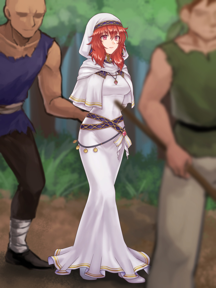 1girl 2boys absurdres arms_behind_back belly_chain blurry breasts commission covered_navel depth_of_field dress fire_emblem fire_emblem:_mystery_of_the_emblem fire_emblem:_shadow_dragon_and_the_blade_of_light forest habit hazuki_(nyorosuke) highres jewelry lena_(fire_emblem) long_dress looking_away medium_breasts multiple_boys nature necklace nun outdoors red_eyes redhead restrained robe skeb_commission solo_focus veil white_dress