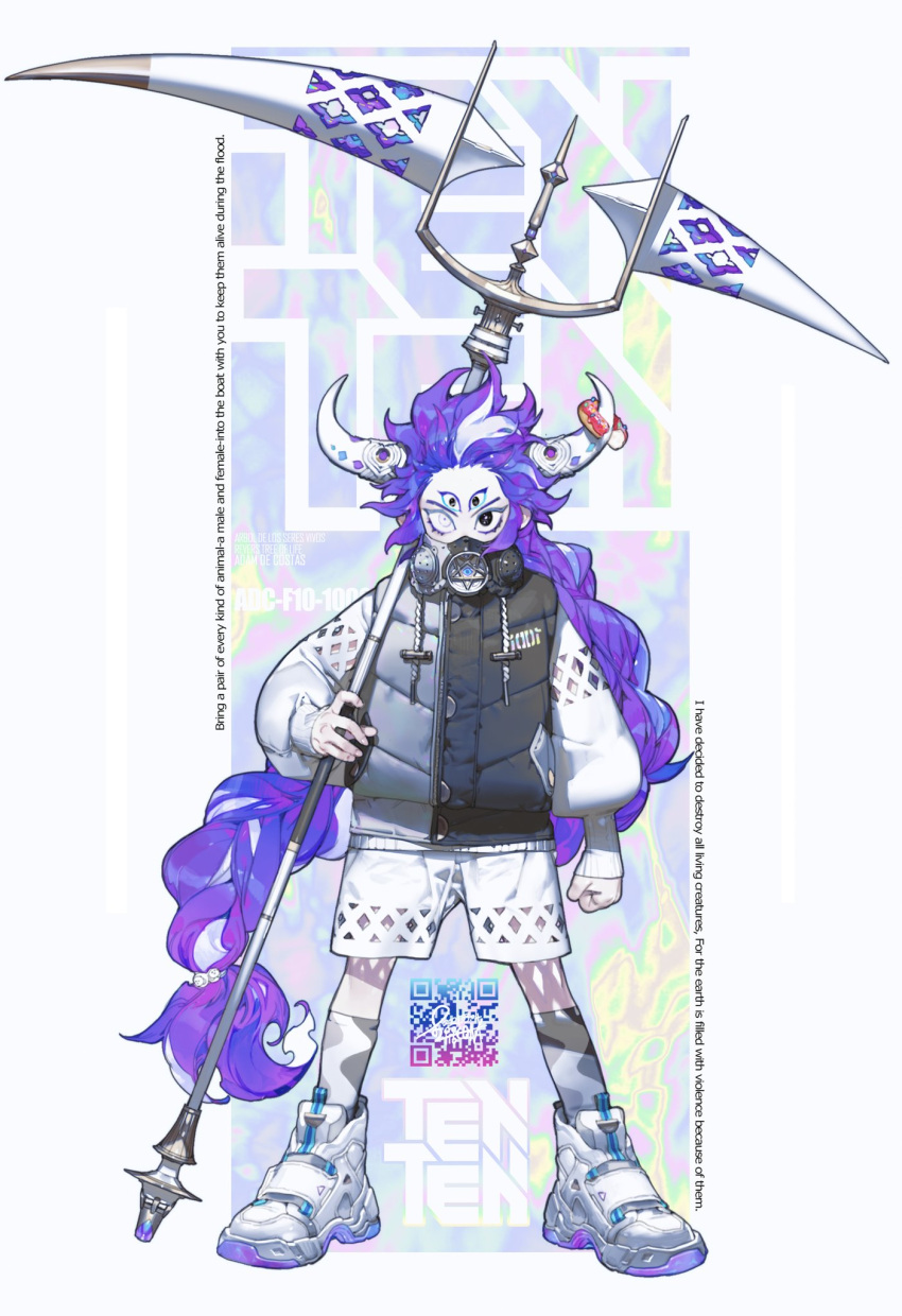 1boy black_eyes clenched_hand doughnut extra_eyes food full_body gas_mask grey_legwear heterochromia highres holding holding_weapon horn_ornament horn_ring horns jacket legs_apart long_hair looking_at_viewer male_focus original pigeon666 purple_hair shoes shorts socks solo standing very_long_hair weapon white_eyes white_footwear white_shorts