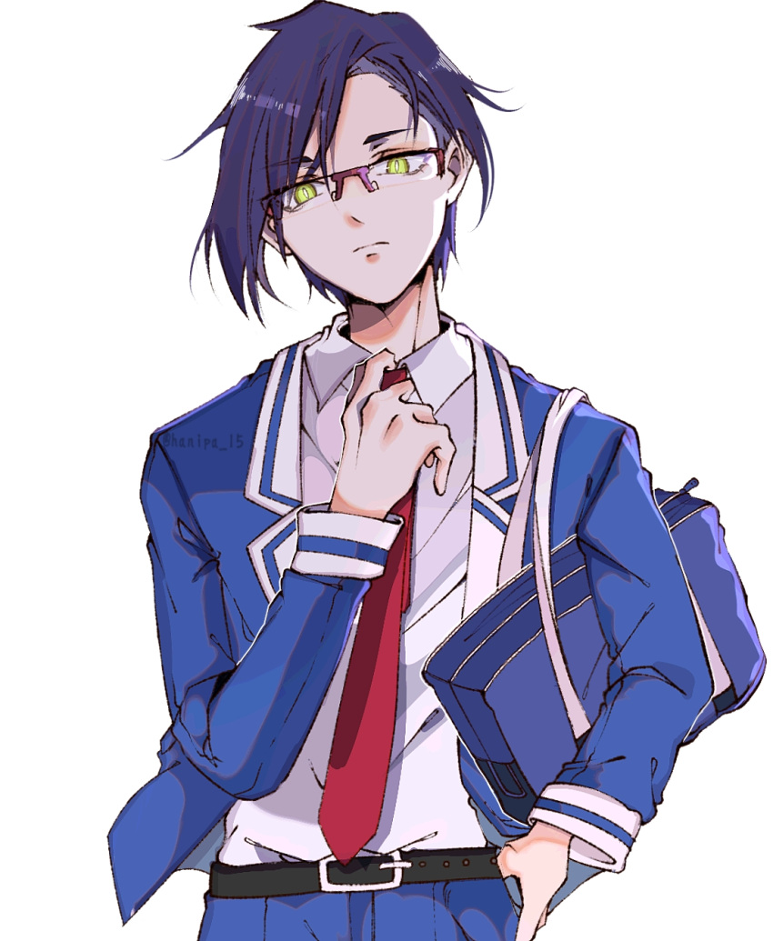 1boy adjusting_clothes adjusting_necktie bag belt black_hair bookbag glasses hand_up haniwa15 highres long_sleeves male_focus munou_na_nana necktie red-framed_eyewear red_neckwear school_uniform simple_background solo standing tachibana_jin thumb_in_pocket white_background yellow_eyes