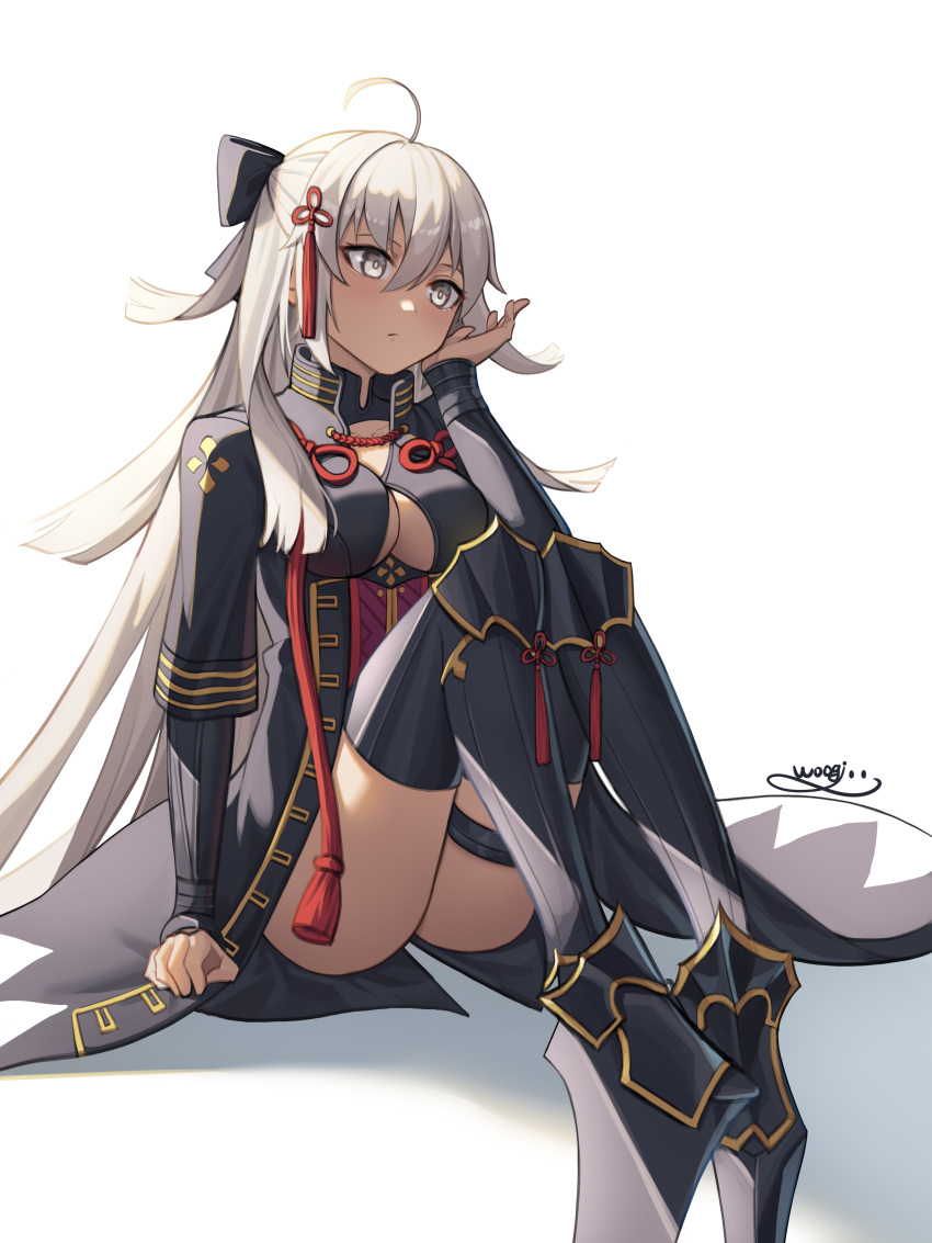 1girl absurdres ahoge arm_guards black_coat breasts cleavage_cutout clothing_cutout coat dark_skin dark-skinned_female dress fate/grand_order fate_(series) high_collar highres large_breasts long_hair okita_souji_(alter)_(fate) okita_souji_(fate)_(all) red_dress short_dress signature sitting solo white_hair woogi