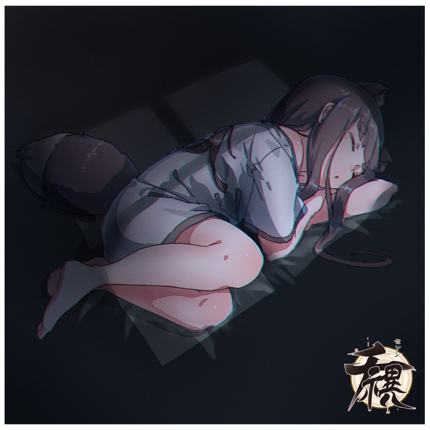 1girl animal_ear_fluff animal_ears arm_pillow bangs barefoot blunt_bangs brown_hair chromatic_aberration dark extra_ears eyebrows_visible_through_hair fetal_position head_rest highres indoors knees_to_chest kuro_kosyou long_hair lying night no_pants on_side original parted_lips raccoon_ears raccoon_girl raccoon_tail shiori_(kuro_kosyou) shirt short_eyebrows short_sleeves sleeping solo straight_hair tail thick_thighs thighs window_shade