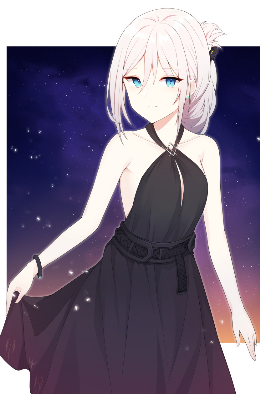 1girl absurdres an-94_(girls_frontline) bare_shoulders belt black_dress blonde_hair blue_eyes bracelet commentary cowboy_shot dress earrings evening_gown girls_frontline hair_ornament hair_up halter_dress halterneck highres jewelry long_hair night night_sky official_alternate_costume paaru sidelocks sky solo