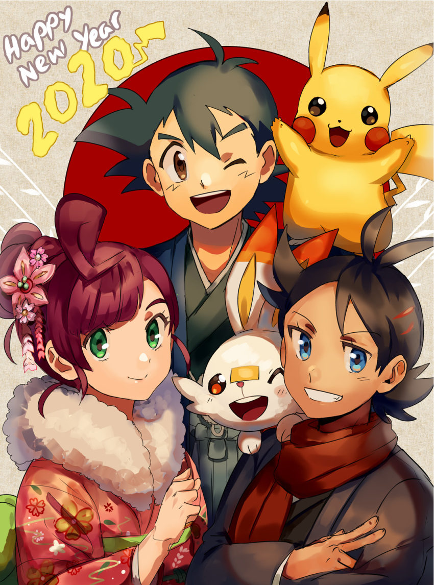 1girl 2020 2boys ;d alternate_costume antenna_hair ash_ketchum bangs black_hair blue_eyes brown_eyes chloe_(pokemon) clenched_teeth closed_mouth commentary eyelashes flower gen_1_pokemon goh_(pokemon) green_eyes hair_between_eyes hair_bun hair_flower hair_ornament happy_new_year highres japanese_clothes kash-phia kimono multiple_boys new_year on_shoulder one_eye_closed open_mouth pikachu pokemon pokemon_(anime) pokemon_(creature) pokemon_on_shoulder pokemon_swsh_(anime) red_scarf scarf smile teeth tongue upper_teeth w