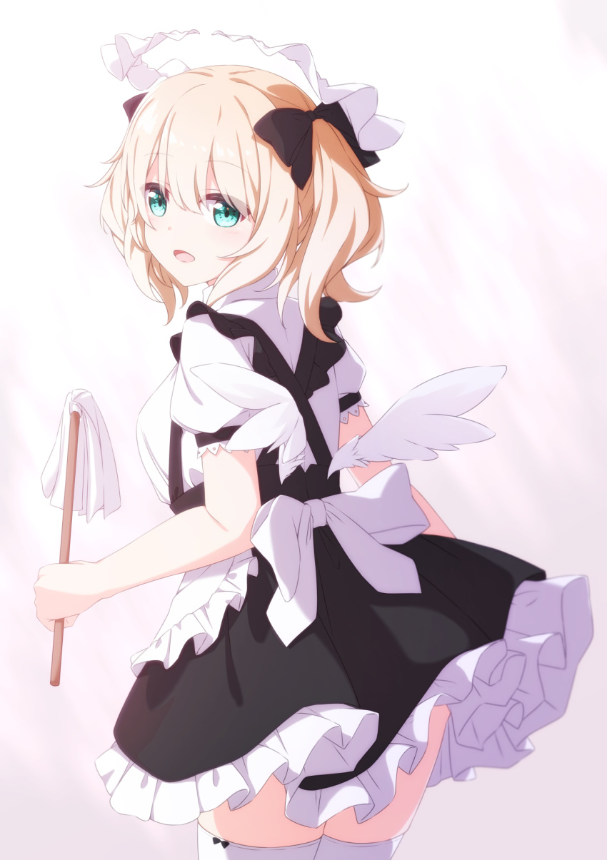 1girl :d aoi_thomas apron bangs black_dress blonde_hair blush breasts collared_shirt commentary_request dress duster eyebrows_visible_through_hair feathered_wings frilled_apron frilled_dress frills green_eyes hair_between_eyes highres looking_at_viewer looking_back maid medium_breasts mini_wings open_mouth original pleated_dress puffy_short_sleeves puffy_sleeves shirt short_sleeves sleeveless sleeveless_dress smile solo thigh-highs twintails waist_apron white_apron white_legwear white_shirt white_wings wings