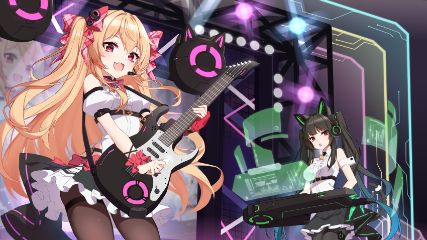 2girls :d animal_ears bangs bell black_hair black_legwear black_skirt blonde_hair bow breasts brown_legwear cat_ear_headphones cat_ears center_frills chestnut_mouth commentary_request detached_sleeves electric_guitar eyebrows_visible_through_hair fake_animal_ears fang frilled_skirt frills guitar hair_between_eyes hair_bow headphones headset highres holding holding_instrument instrument jingle_bell keyboard_(instrument) long_hair medium_breasts multiple_girls open_mouth original pantyhose plaid plaid_bow puffy_short_sleeves puffy_sleeves red_bow red_eyes shirt short_sleeves skirt small_breasts smile stage two_side_up very_long_hair white_shirt white_sleeves yuxian_youka