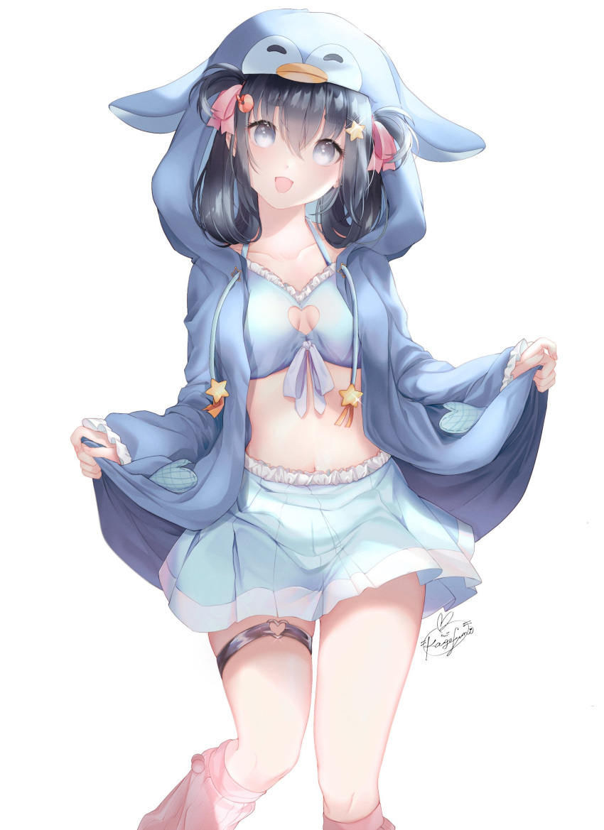 1girl :d absurdres animal_hood black_hair blue_hoodie blue_shirt blue_skirt breasts cleavage_cutout clothing_cutout collarbone crop_top frills grey_eyes hair_ornament hair_ribbon halter_top halterneck heart_cutout highres hood hoodie kagefumi long_hair long_sleeves looking_at_viewer medium_breasts midriff miniskirt navel open_clothes open_hoodie open_mouth original penguin_hood pleated_skirt ribbon shirt simple_background skirt sleeveless sleeveless_shirt smile socks solo spaghetti_strap stomach thigh_strap thighs two_side_up white_background