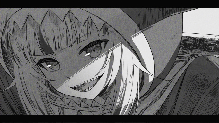 1girl animal_hood bangs blunt_bangs face gawr_gura greyscale highres hololive hololive_english hood letterboxed monochrome open_mouth polearm portrait shaded_face shark_hood sharp_teeth smile solo teeth virtual_youtuber weapon weizen