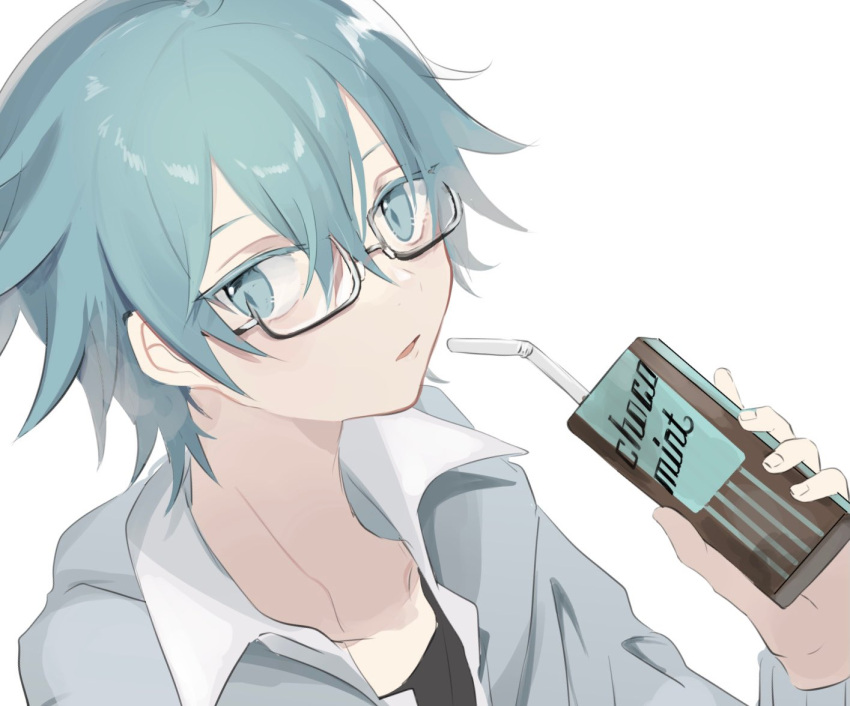 1boy blue_eyelashes blue_eyes blue_hair carton chocolate_mint chongyun_(genshin_impact) collarbone collared_shirt commentary_request drink drinking_straw genshin_impact glasses grey_shirt hand_up holding holding_drink looking_at_viewer male_focus open_clothes open_mouth open_shirt portrait shirt short_hair simple_background white_background yoko_(nz_g)