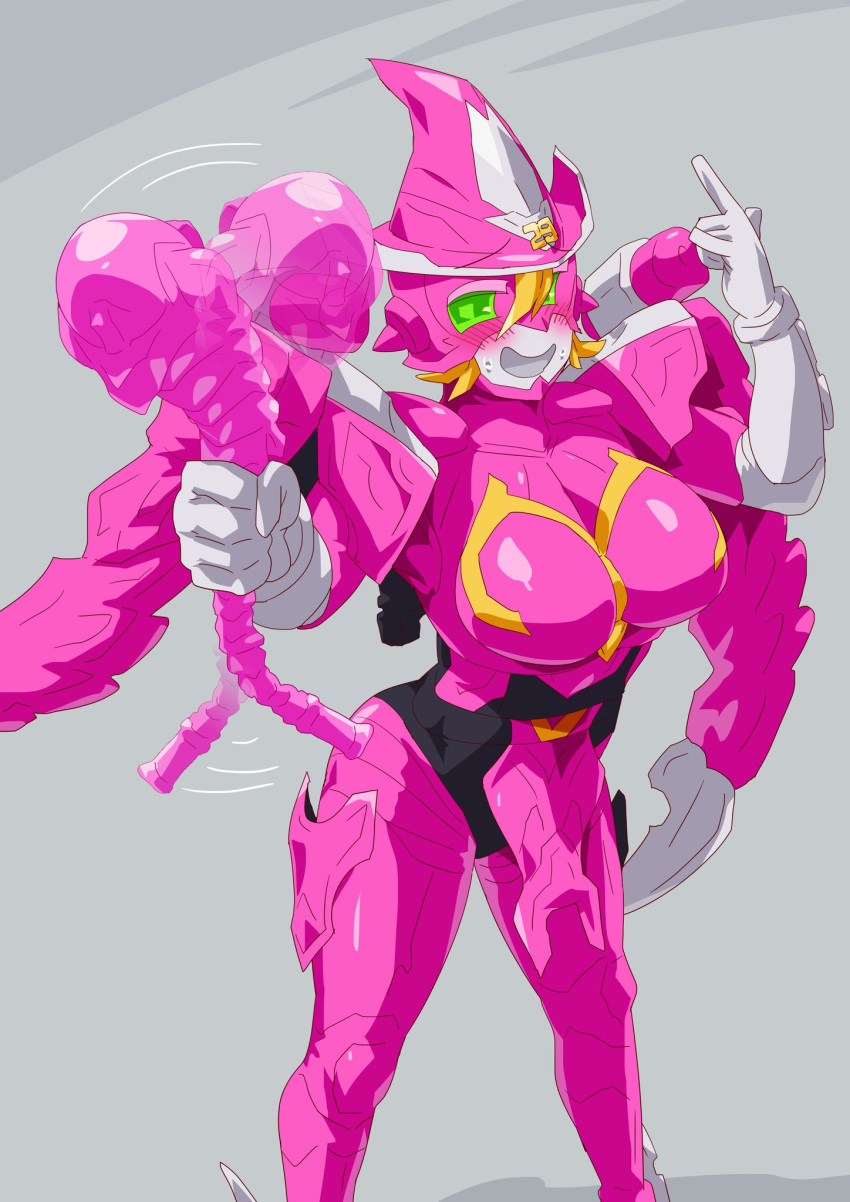 1girl blonde_hair blush_stickers breasts colored_skin dragon_girl green_eyes hat highres kikai_sentai_zenkaiger mecha mechanical_wings multiple_girls otokamu pink_skin staff super_sentai wings witch witch_hat zenkai_magine