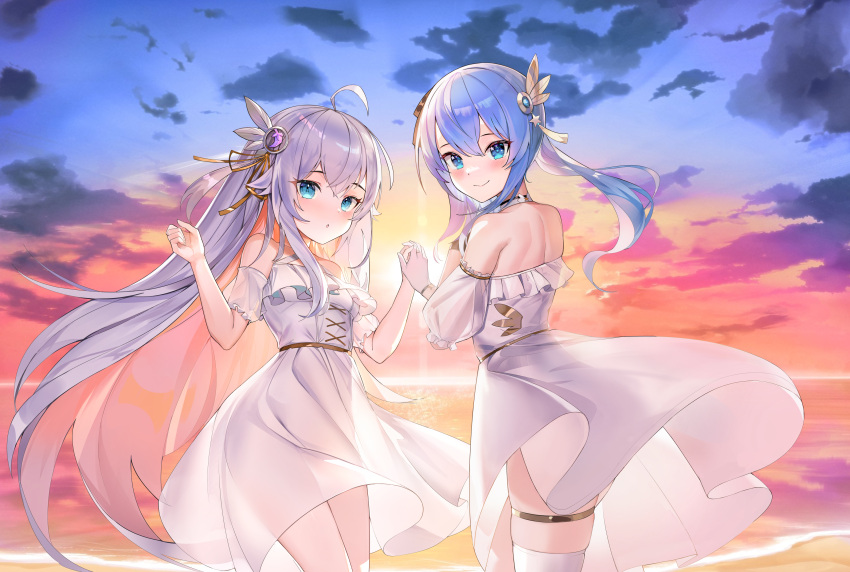 2girls :o absurdres ahoge bangs bare_shoulders blue_eyes blue_hair blush breasts brown_hair closed_mouth clouds commentary crossover detached_sleeves dress english_commentary eyebrows_visible_through_hair hair_between_eyes hair_ornament highres holding_hands hololive horizon hoshimachi_suisei interlocked_fingers janyhero kagura_nana long_hair multicolored_hair multiple_girls nanakagu_karatou_ch ocean outdoors puffy_short_sleeves puffy_sleeves see-through see-through_sleeves short_sleeves silver_hair small_breasts smile sunset two-tone_hair very_long_hair virtual_youtuber water white_dress