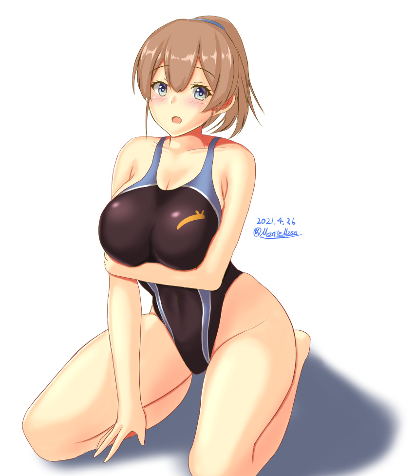 1girl black_swimsuit blue_eyes breasts brown_hair dated full_body highleg highleg_swimsuit highres impossible intrepid_(kancolle) kantai_collection large_breasts montemasa multicolored multicolored_clothes multicolored_swimsuit ponytail short_hair simple_background solo swimsuit twitter_username white_background
