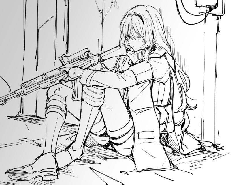 1girl an-94 an-94_(girls_frontline) assault_rifle boots dm_owr full_body girls_frontline greyscale gun hairband holding holding_gun holding_weapon knees_up long_hair monochrome one_eye_closed rifle sitting sketch solo weapon