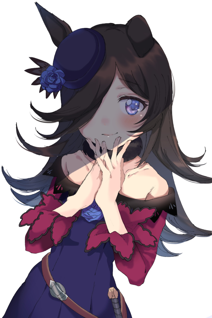 1girl animal_ears bangs bare_shoulders black_hair black_headwear blue_dress blue_flower blue_rose blush closed_mouth collarbone commentary_request dagger dress eyebrows_visible_through_hair flower hair_over_one_eye hands_up hat hat_flower highres horse_ears kayanogura long_hair long_sleeves looking_at_viewer off-shoulder_dress off_shoulder rice_shower_(umamusume) rose simple_background smile solo tilted_headwear umamusume very_long_hair violet_eyes weapon white_background