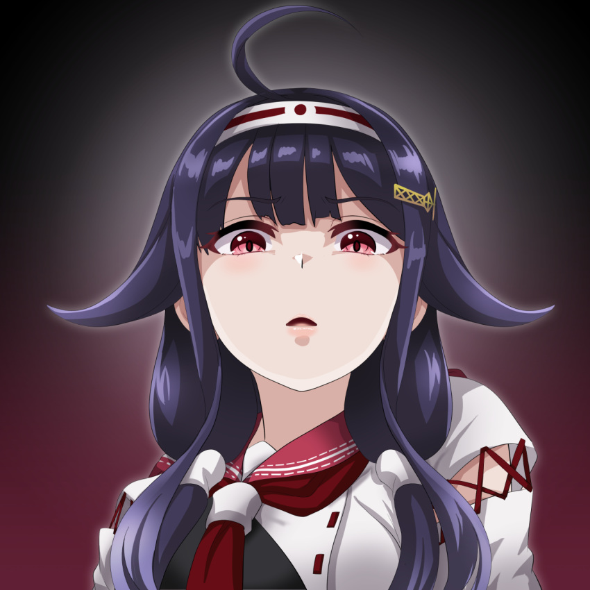 1girl ahoge close-up face from_below hair_flaps hair_ornament hairband hairclip highres japanese_clothes kantai_collection long_hair looking_at_viewer low_twintails muneate portrait purple_hair red_eyes remodel_(kantai_collection) ryuuhou_(kancolle) solo taigei_(kancolle) tk8d32 twintails