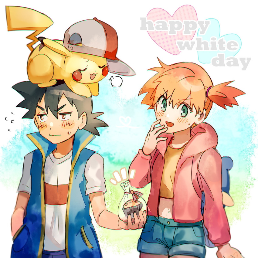 1boy 1girl :d ash_ketchum bangs baseball_cap black_hair blue_jacket blush brown_eyes buttons closed_mouth commentary eyelashes flying_sweatdrops gen_1_pokemon green_eyes hair_tie hand_up hat hatted_pokemon holding hood hooded_jacket jacket kash-phia long_sleeves looking_away misty_(pokemon) navel notice_lines on_head open_mouth orange_hair pikachu pink_jacket pokemon pokemon_(anime) pokemon_(creature) pokemon_on_head pokemon_swsh_(anime) shirt short_shorts short_sleeves shorts sleeveless sleeveless_jacket smile sweatdrop t-shirt tied_hair white_day white_shirt yellow_shirt