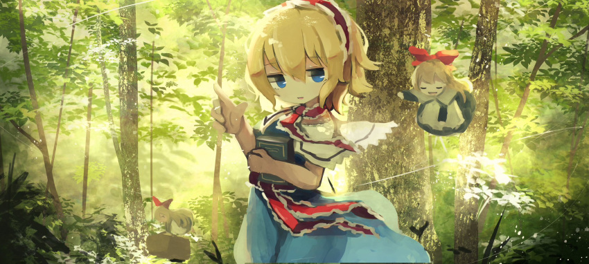 3girls alice_margatroid bangs blue_dress blue_eyes book bow dress eyes_visible_through_hair forest hair_between_eyes hand_up highres hourai_doll multiple_girls nature open_mouth red_bow red_neckwear red_ribbon ribbon shanghai_doll smile source_request ti_owo touhou tree