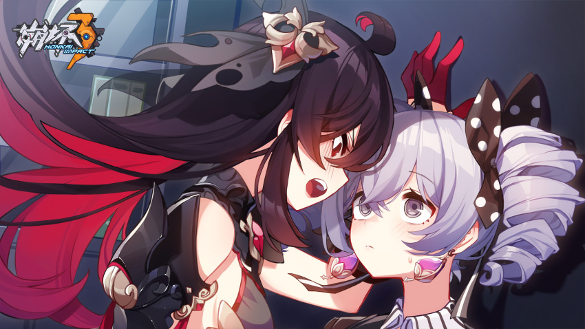 2girls ahoge ai_xiao_meng bangs black_hair blush bow bronya_zaychik colored_inner_hair copyright_name drill_hair earrings eyebrows_visible_through_hair grey_eyes hair_bow highres honkai_(series) honkai_impact_3rd jewelry logo looking_at_another multicolored_hair multiple_girls open_mouth polka_dot polka_dot_bow redhead seele_vollerei silver_hair two-tone_hair wall_slam