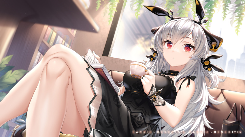 1girl arknights bare_legs bare_shoulders black_choker black_dress book breasts choker crossed_legs cup dress hair_ornament hairband highres holding horns long_hair medium_breasts parted_lips red_eyes sannio silver_hair sitting sleeveless sleeveless_dress solo spaghetti_strap teacup weedy_(arknights) wrist_cuffs