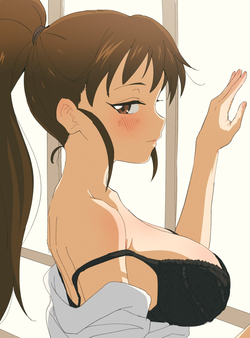 1girl bangs black_bra blush bra breasts brown_eyes brown_hair closed_mouth collarbone hand_up high_ponytail highres huge_breasts long_hair looking_at_viewer open_clothes ponytail shirt sincos solo taneshima_popura underwear upper_body very_long_hair white_shirt working!!