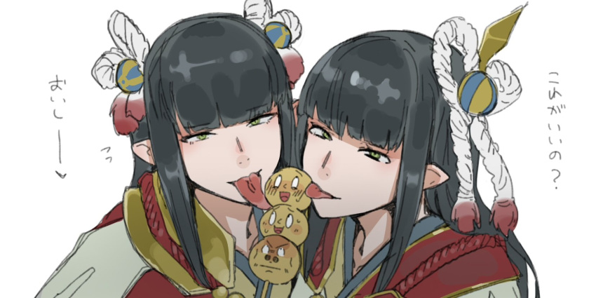 2girls :d black_hair blush dango ettone eyebrows_visible_through_hair food green_eyes highres hime_cut hinoa licking long_hair looking_at_viewer minoto monster_hunter monster_hunter_(series) monster_hunter_rise multiple_girls open_mouth pointy_ears simple_background smile sweatdrop tongue tongue_out wagashi white_background