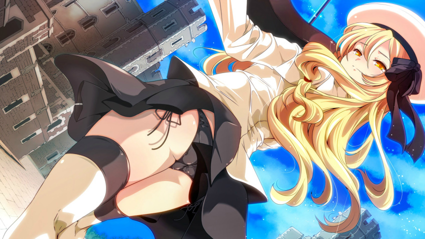 1girl ass black_panties black_ribbon black_skirt blonde_hair blue_sky closed_mouth day dutch_angle eyebrows_visible_through_hair floating_hair game_cg hat hat_ribbon highres instrument long_hair long_sleeves looking_back midori_(x-overd) music official_art outdoors panties playing_instrument ribbon shiny shiny_hair shirt side-tie_panties skirt sky solo standing thigh-highs underwear very_long_hair violin white_headwear white_legwear white_shirt x-overd yellow_eyes