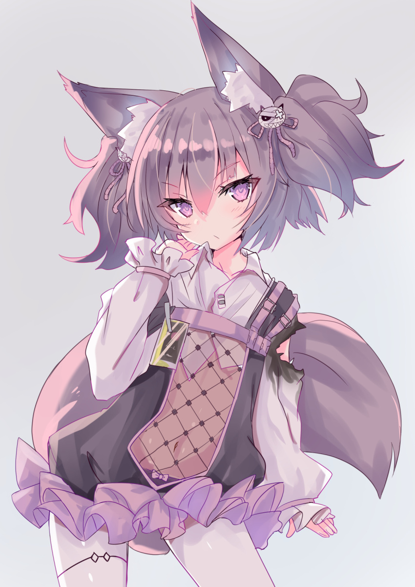 1girl animal_ear_fluff animal_ears arknights bangs black_dress black_panties bow bow_panties closed_mouth commentary_request dress eyebrows_visible_through_hair grey_background grey_hair hair_between_eyes hand_up highres hizaka long_sleeves looking_at_viewer navel panties pantyhose puffy_long_sleeves puffy_sleeves see-through shamare_(arknights) shirt simple_background sleeves_past_wrists solo tail twintails underwear v-shaped_eyebrows violet_eyes white_legwear white_shirt