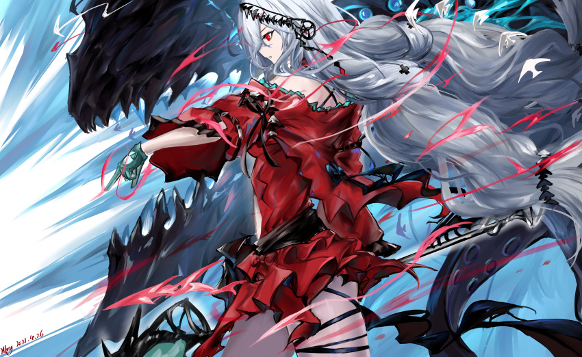1girl absurdres arknights bangs bare_shoulders blue_gloves commentary_request cowboy_shot dress from_side gloves hhy highres long_sleeves off-shoulder_dress off_shoulder parted_lips profile red_dress skadi_(arknights) skadi_(the_corrupting_heart)_(arknights) solo standing