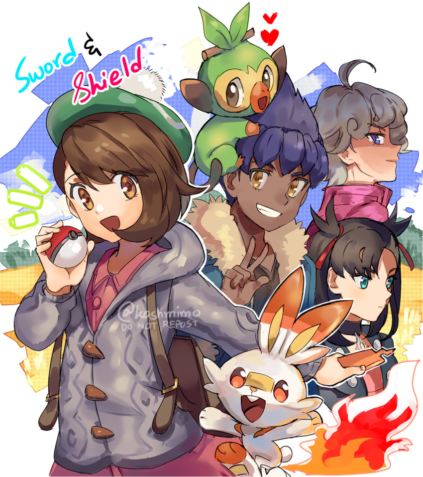 2boys 2girls :d ahoge artist_name asymmetrical_bangs backpack bag bangs bede_(pokemon) black_choker black_hair black_jacket black_shirt blue_jacket bob_cut brown_bag brown_eyes brown_hair buttons cardigan choker clouds collared_dress commentary copyright_name curly_hair dark_skin dark_skinned_male dress eyelashes fire fur-trimmed_jacket fur_trim gen_4_pokemon gen_8_pokemon gloria_(pokemon) green_eyes green_headwear grey_cardigan grookey hair_ribbon hat heart highres holding holding_poke_ball hooded_cardigan hop_(pokemon) jacket kash-phia looking_at_viewer marnie_(pokemon) multiple_boys multiple_girls notice_lines on_head open_mouth outline pink_dress poke_ball pokemon pokemon_(creature) pokemon_(game) pokemon_on_head pokemon_swsh purple_hair red_ribbon repost_notice ribbon rotom rotom_phone scorbunny shirt short_hair sky smile starter_pokemon tam_o'_shanter w watermark yellow_eyes