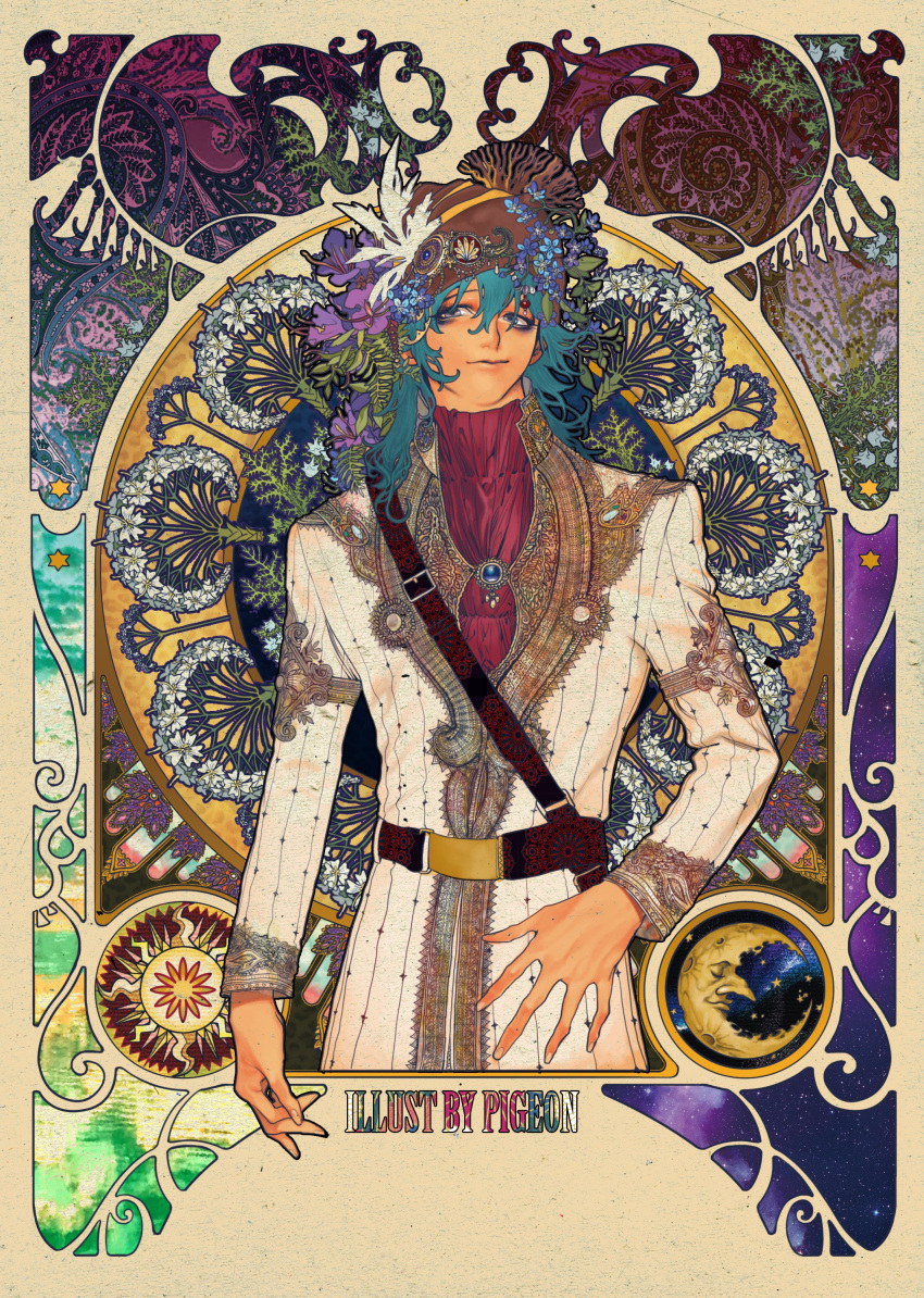 1boy absurdres belt blue_hair brooch chest_harness closed_mouth coat fingernails flower framed hair_flower hair_ornament harness highres jewelry long_hair long_sleeves male_focus nail_polish original pigeon666 purple_flower red_shirt shirt smile solo violet_eyes white_coat