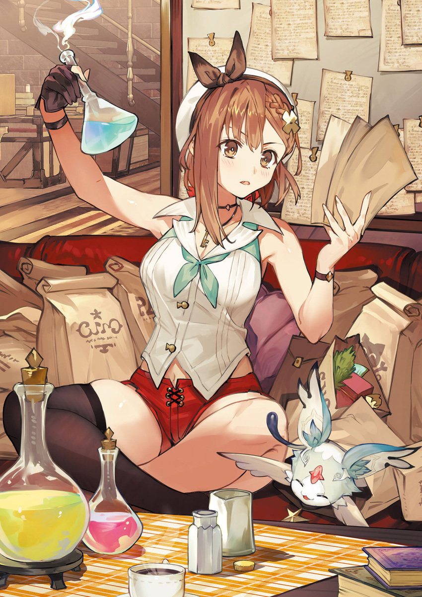 1girl atelier_(series) atelier_ryza atelier_ryza_2 beret bottle brown_eyes brown_gloves brown_hair couch fi_(atelier) gloves hair_ornament hairclip hat highres holding holding_bottle holding_paper indoors key_necklace navel official_art on_couch paper red_shorts reisalin_stout short_hair short_shorts shorts single_glove single_thighhigh test_tube thigh-highs thighs toridamono white_headwear