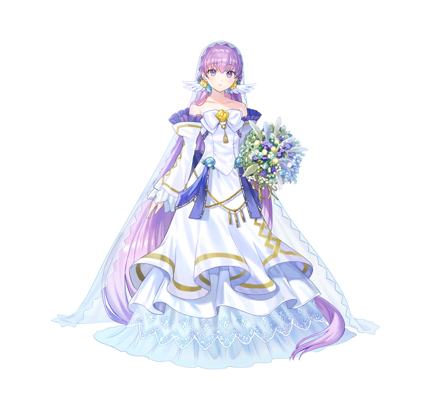 1girl absurdly_long_hair absurdres artist_request bangs bare_shoulders bouquet commentary_request detached_sleeves dress eyebrows_visible_through_hair fire_emblem fire_emblem:_the_binding_blade fire_emblem_heroes flower full_body hair_between_eyes highres long_hair official_alternate_costume official_art purple_hair simple_background solo sophia_(fire_emblem) standing very_long_hair violet_eyes wedding_dress white_background white_dress