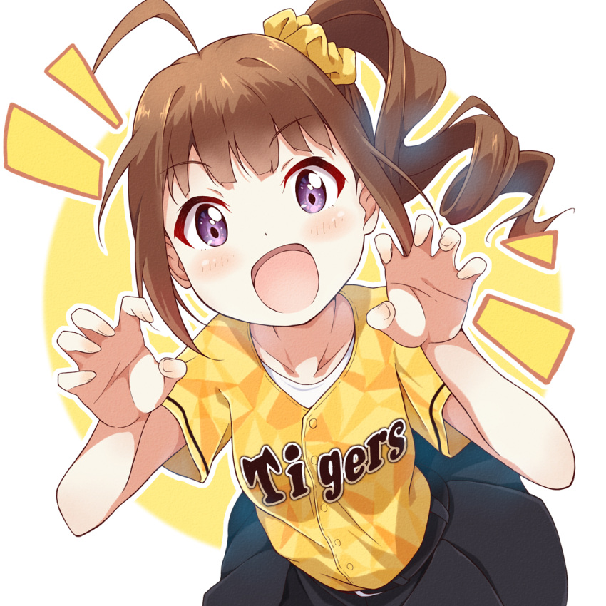 1girl :d ahoge bangs baseball_jersey belt black_belt black_skirt brown_hair claw_pose commentary_request drill_hair eyebrows_visible_through_hair hair_ornament hair_scrunchie hanshin_tigers idolmaster idolmaster_million_live! leaning_forward looking_at_viewer miniskirt notice_lines open_mouth outline partial_commentary pleated_skirt scrunchie shirt short_sleeves side_drill side_ponytail skirt smile solo standing toma_(shinozaki) violet_eyes white_background white_outline yellow_scrunchie yellow_shirt yokoyama_nao