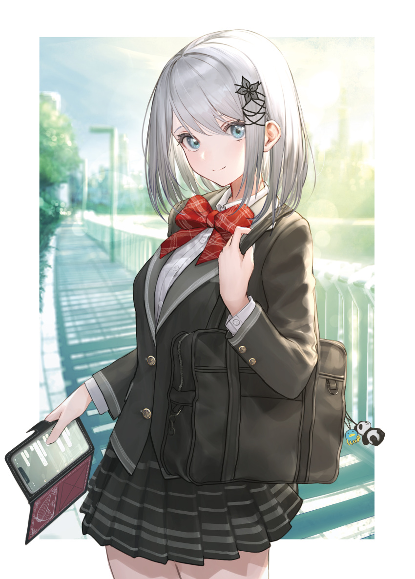 1girl absurdres bag black_jacket black_skirt blazer blue_eyes blurry blurry_background blush bow bowtie closed_mouth collared_shirt fence hair_ornament highres holding holding_bag holding_phone jacket lamppost long_sleeves looking_at_viewer medium_hair original outdoors phone pleated_skirt red_neckwear road school_bag school_uniform shirt silver_hair skirt smile solo standing street sunlight takubon tree white_shirt