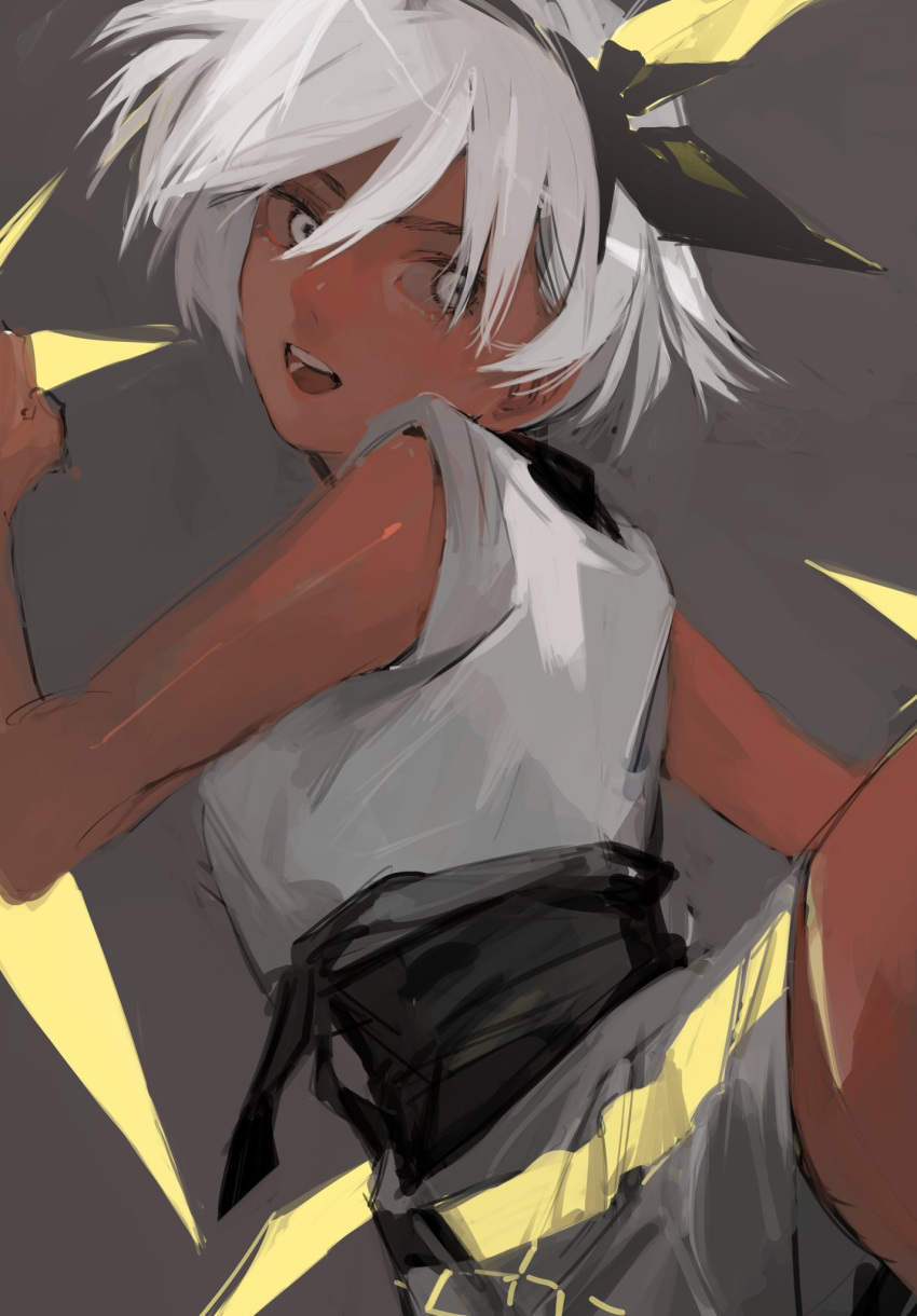 1girl bangs bare_arms bea_(pokemon) black_bodysuit black_hairband bodysuit bodysuit_under_clothes bow_hairband commentary dark_skin dark-skinned_female grey_background grey_eyes gym_leader hair_between_eyes hairband hand_up highres l_1753ucon looking_back open_mouth pokemon pokemon_(game) pokemon_swsh shirt short_hair sketch smile solo teeth tongue white_hair