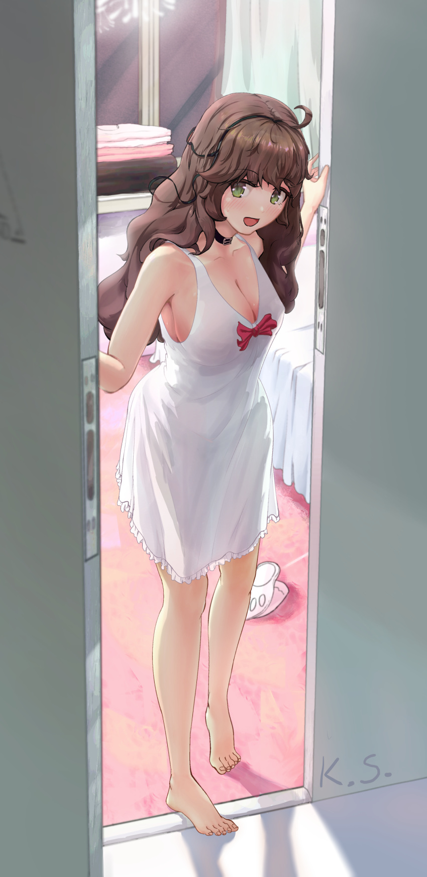 1girl absurdres ahoge arknights barefoot bedroom blush bow breasts brown_hair chinese_commentary commentary cuora_(arknights) curtains doorway eyebrows_visible_through_hair feet fireworks green_eyes green_ribbon highres kioroshin large_breasts long_hair looking_at_viewer nightgown open_door open_mouth red_bow ribbon sideboob signature solo standing white_nightgown window