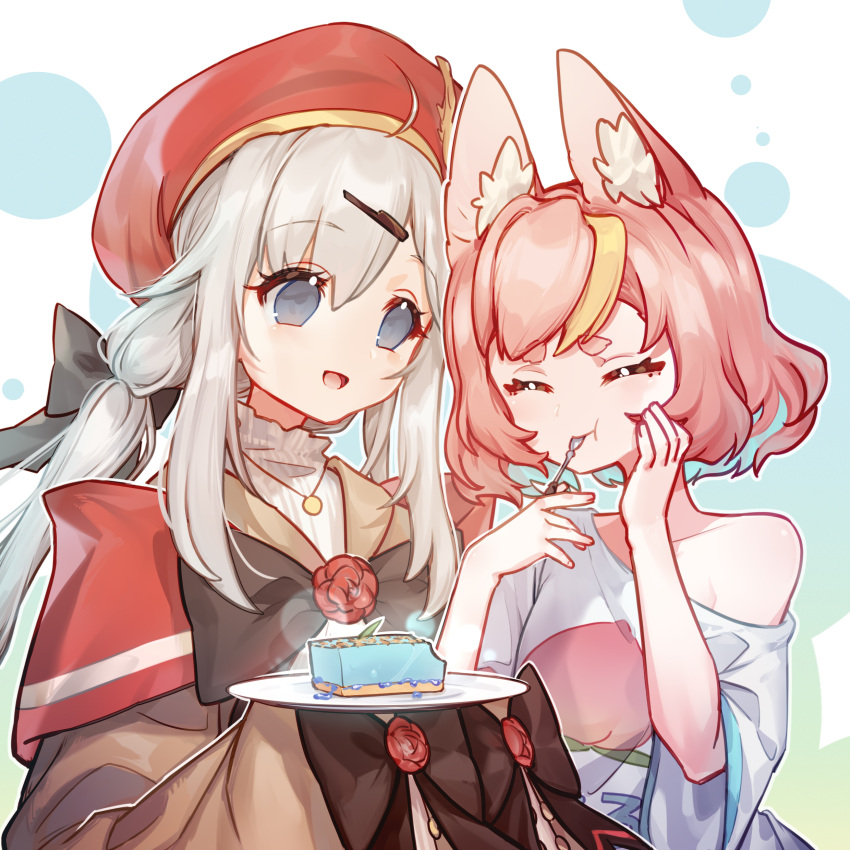 2girls :d :t absurdres ahoge animal_ear_fluff animal_ears bangs beret black_bow bow brown_hair brown_jacket closed_eyes closed_mouth eating eyebrows_visible_through_hair flower food fork grey_eyes grey_hair hair_between_eyes hair_bow hair_ornament hairclip hat highres holding holding_fork holding_plate jacket lingxia long_sleeves multicolored_hair multiple_girls off_shoulder open_mouth original pink_hair plate red_flower red_headwear red_rose rose shirt short_eyebrows short_sleeves sleeves_past_fingers sleeves_past_wrists smile streaked_hair thick_eyebrows white_shirt wide_sleeves