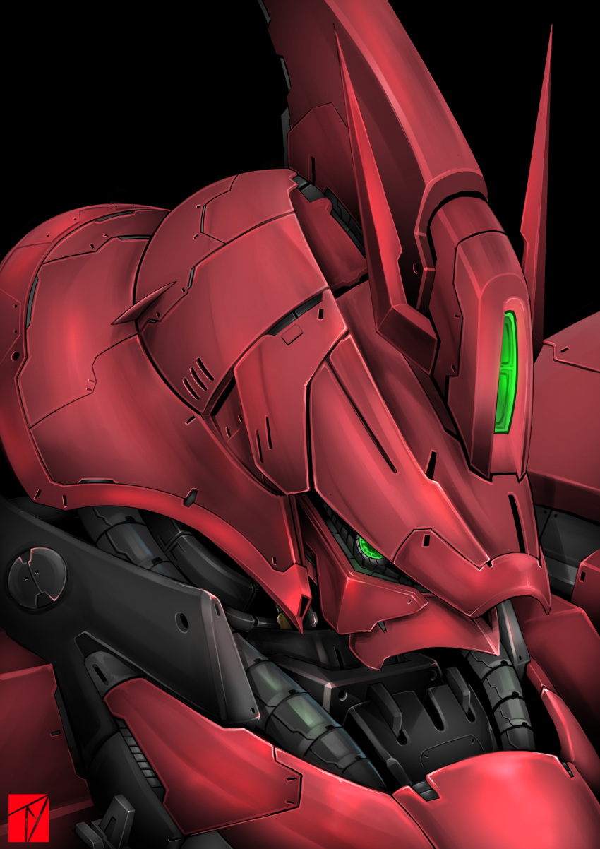 black_background char's_counterattack denjyou23 green_eyes gundam highres looking_to_the_side mecha no_humans one-eyed sazabi science_fiction solo upper_body v-fin zeon