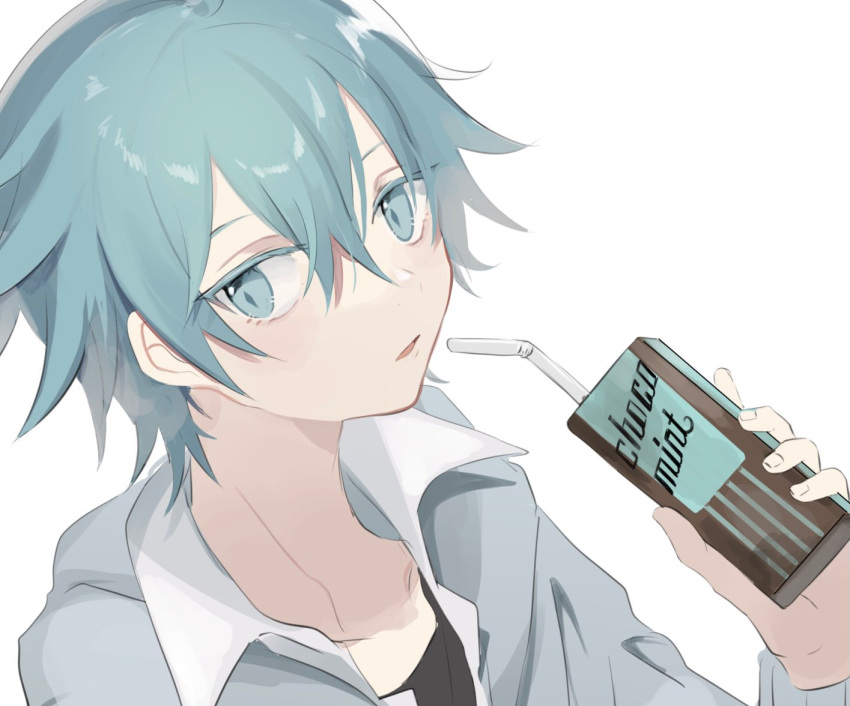 1boy blue_eyelashes blue_eyes blue_hair carton chocolate_mint chongyun_(genshin_impact) collarbone collared_shirt commentary_request drink drinking_straw genshin_impact grey_shirt hand_up holding holding_drink looking_at_viewer male_focus open_clothes open_mouth open_shirt portrait shirt short_hair simple_background white_background yoko_(nz_g)