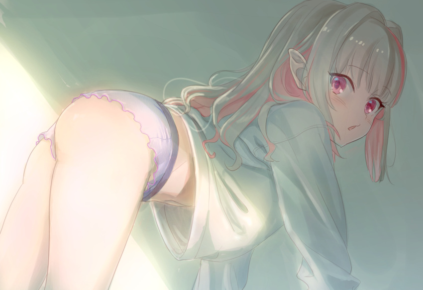 1girl :o artist_request ass bent_over child eyebrows_visible_through_hair grey_hair hair_down highres light long_hair looking_at_viewer looking_back makaino_ririmu multicolored_hair navel nijisanji no_pants panties pink_hair pointy_ears red_eyes sabamen solo sunlight sweater swimsuit two-tone_hair underwear virtual_youtuber white_swimsuit