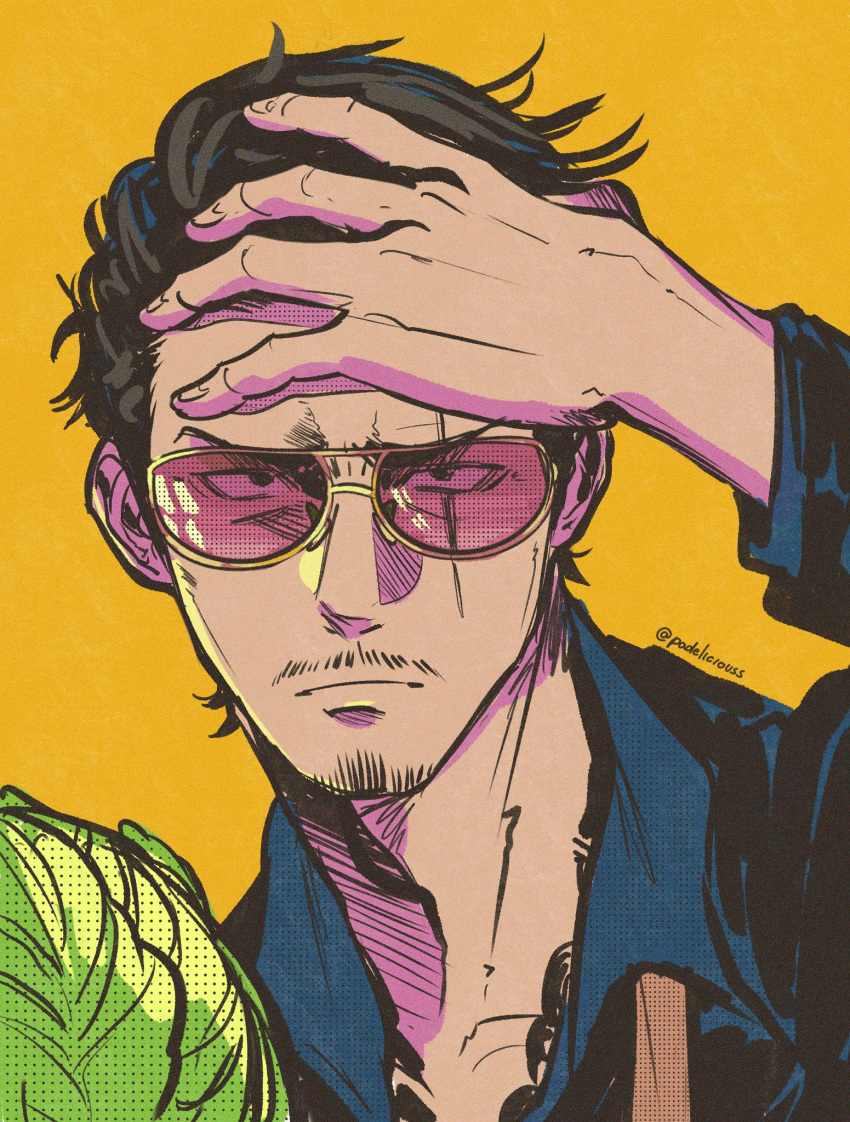 1boy artist_name black_eyes black_hair blue_shirt cabbage closed_mouth collared_shirt commentary english_commentary facial_hair goatee gokushufudou halftone hand_up highres looking_at_viewer male_focus mustache padeliciouss portrait scar scar_across_eye shirt short_hair simple_background solo sunglasses symbol_commentary tatsu_(gokufushudou) yellow_background