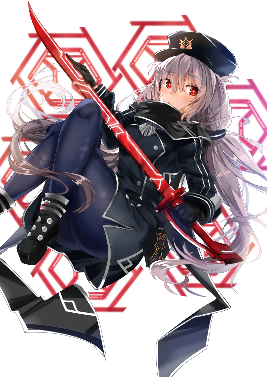 1girl absurdres bangs black_cape black_headwear black_jacket black_scarf blush boots cape closed_mouth crossed_legs deogho_(liujinzy9854) duel_monster eyebrows_visible_through_hair glowing glowing_sword glowing_weapon grey_hair hair_between_eyes hat highres jacket long_hair looking_at_viewer low_twintails peaked_cap pelt red_eyes scarf silver_hair sky_striker_ace_-_roze solo twintails two-tone_background two-tone_dress upper_body weapon white_background yu-gi-oh!