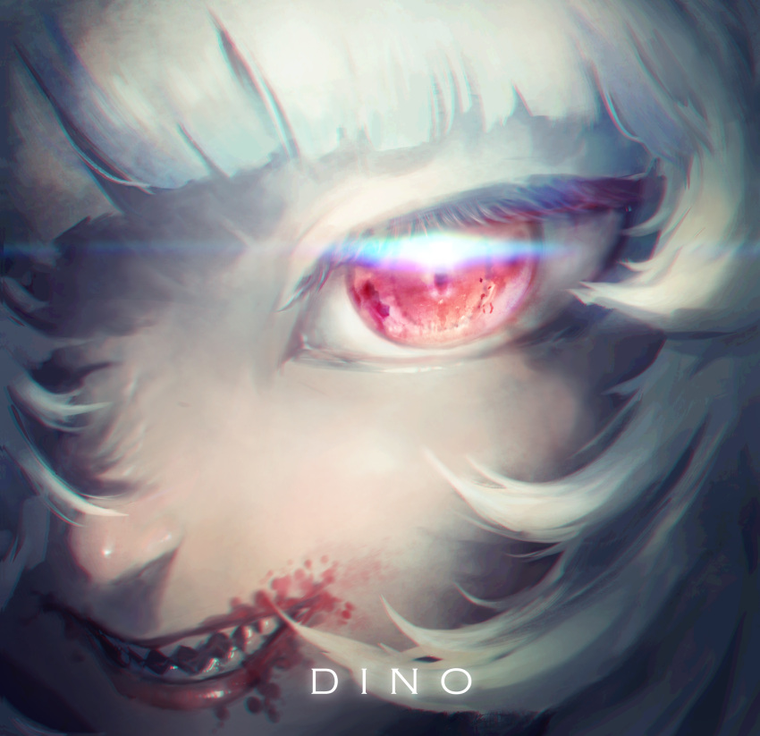 1girl absurdres artist_name bangs blood blood_on_face close-up dino_(dinoartforame) gawr_gura highres hololive hololive_english nose open_mouth red_eyes sharp_teeth shiny silver_hair smile solo teeth virtual_youtuber